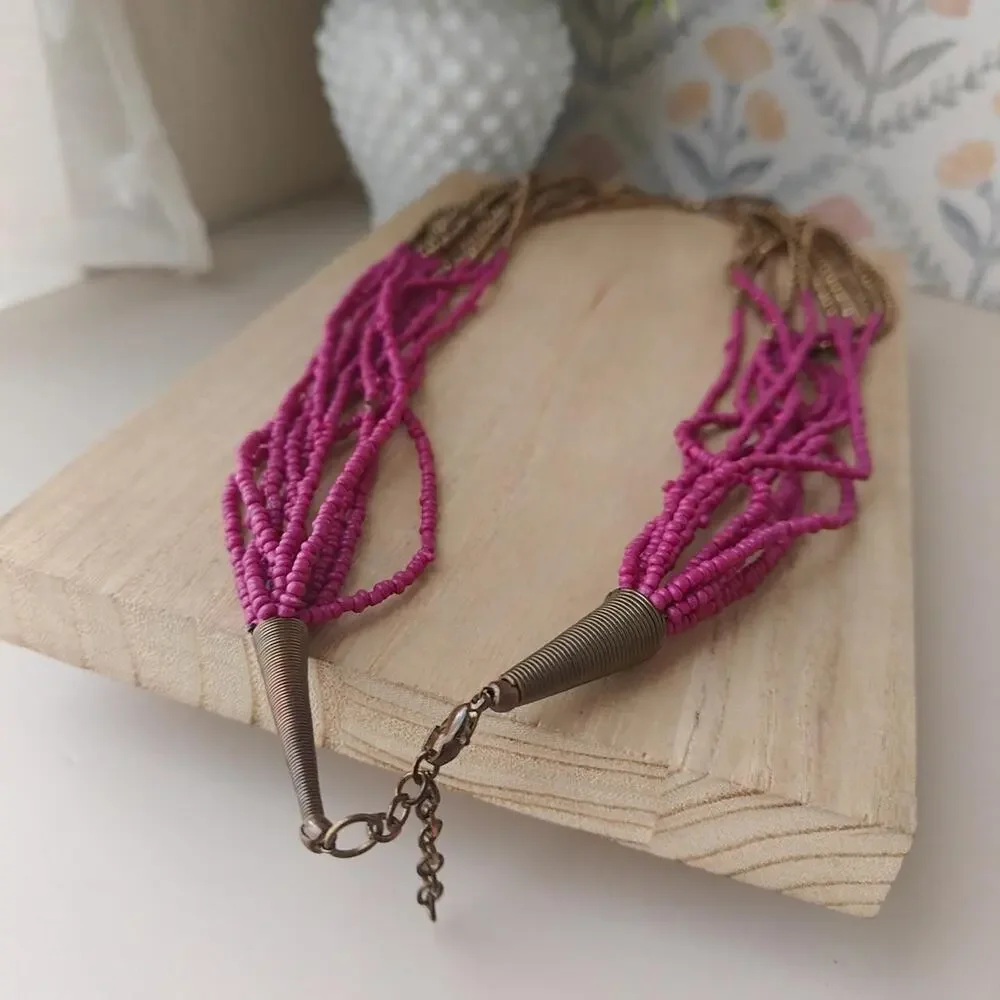 Boho fuschia and bronze two tone multi strand seed bead necklace